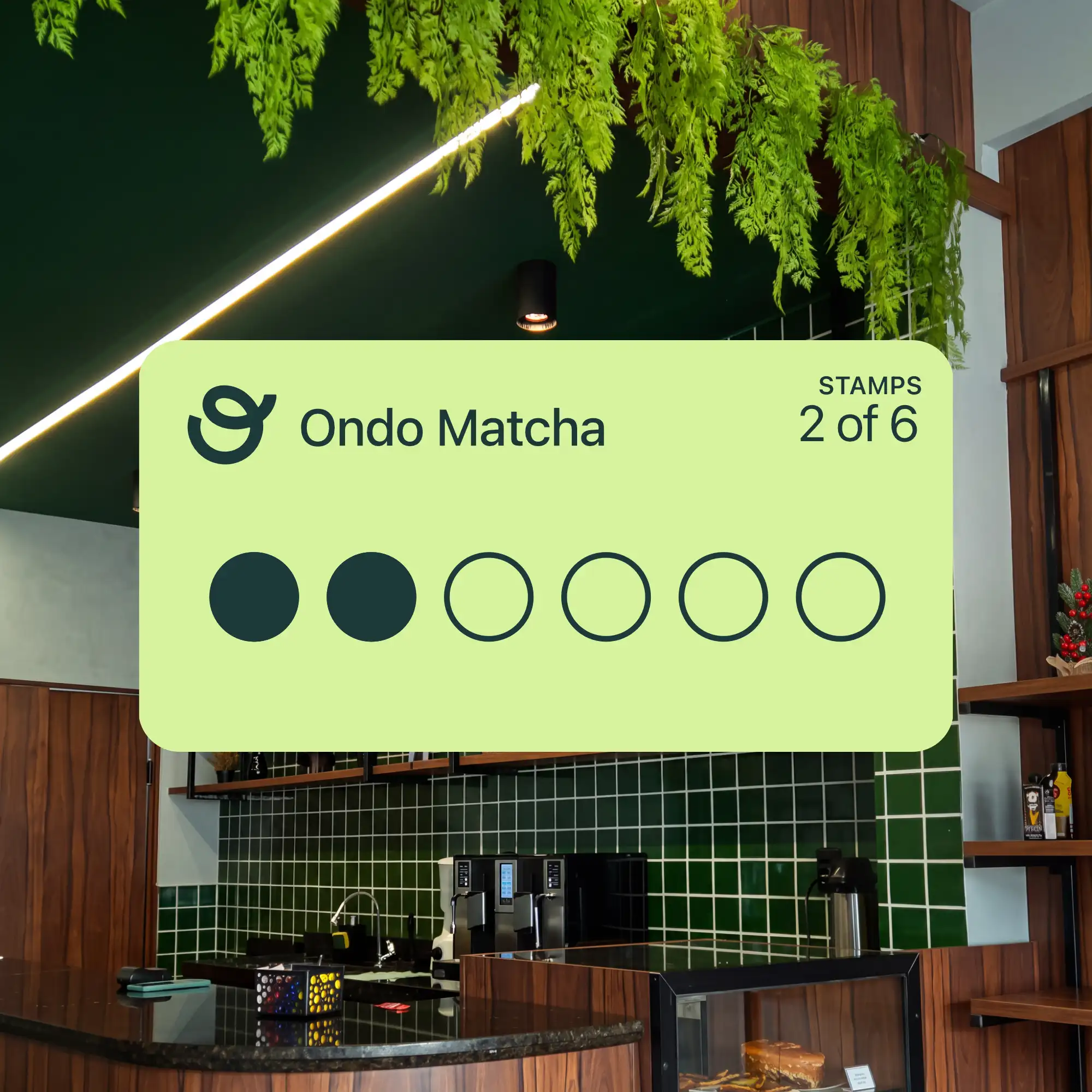 Ondo Matcha stamps card in Apple Wallet, 2 of 6 stamps