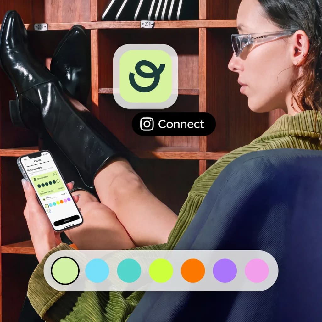 The Pick your colour step in Spark, with the Ondo Matcha card previewed on a phone and a row of card colour swatches